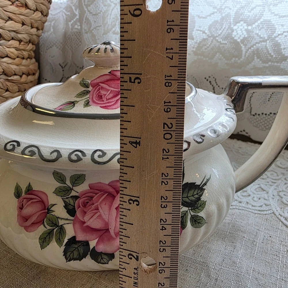Georgian Gibsons‎ England Teapot Large Pink Roses Cream Silver Trim Vintage